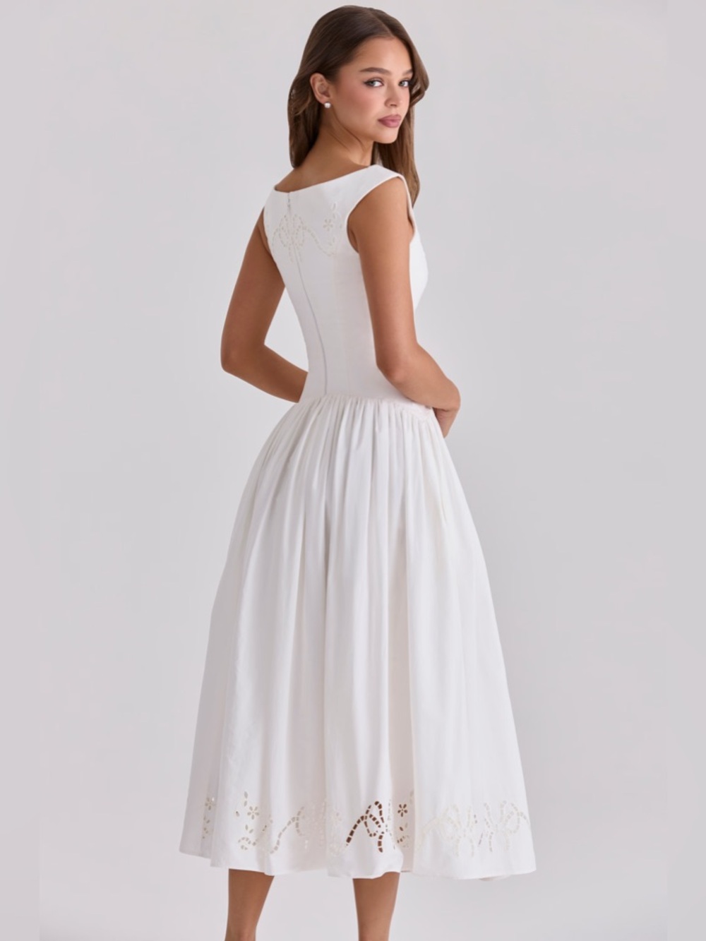 House of Cb LAUREN White Cotton Broderie Anglaise Boat Neck Maxi Dress - Picture 5 of 5